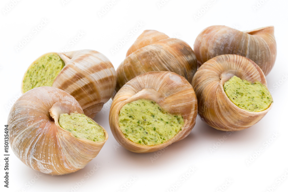 Cooked snails delicacy. French cuisine stuffed snails. Photos Adobe Stock