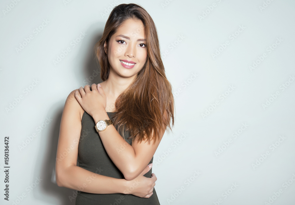 beautiful young asian woman wearing wrist watch beautiful young asian woman wearing wrist watch