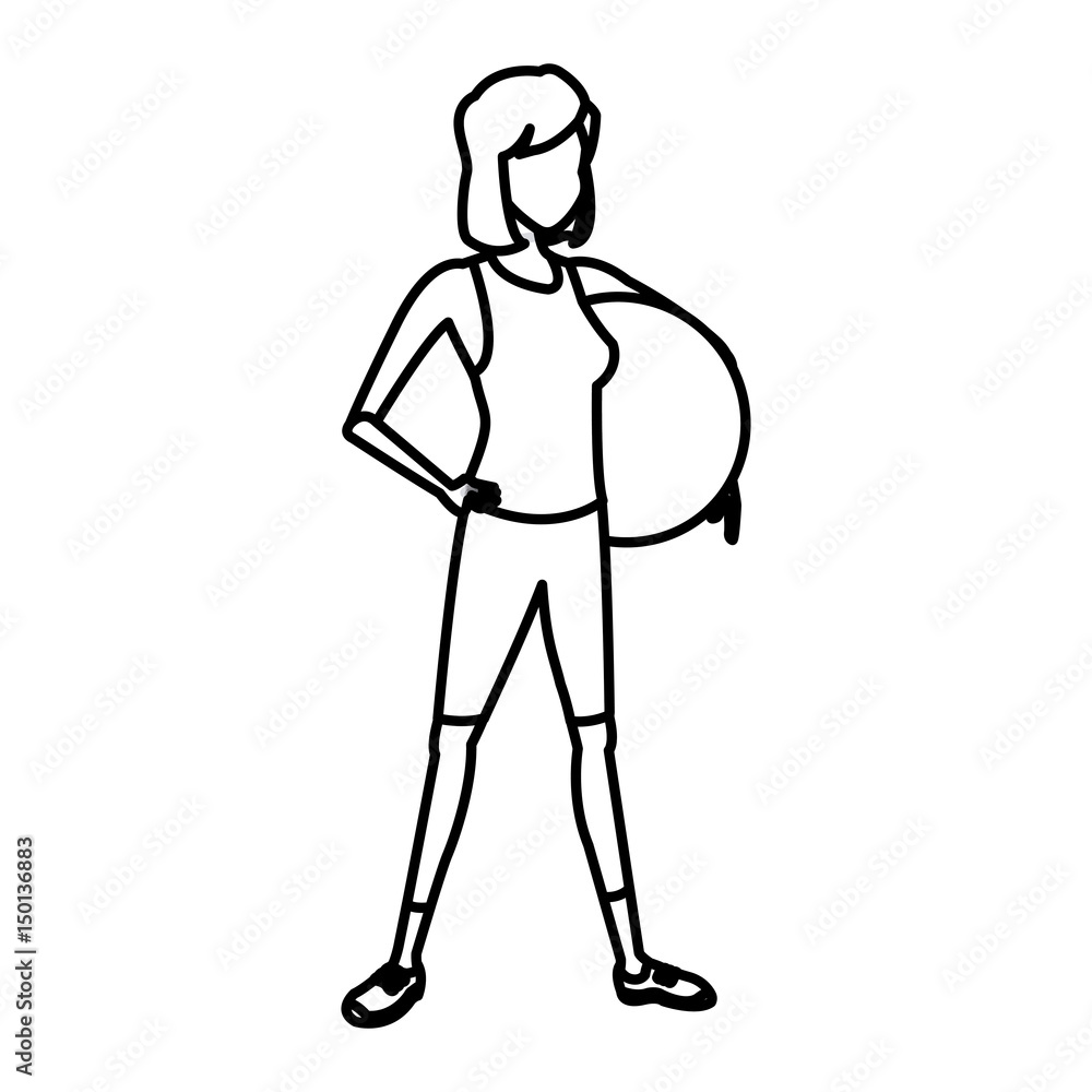 sport girl fitball athletic fitness outline vector illustration