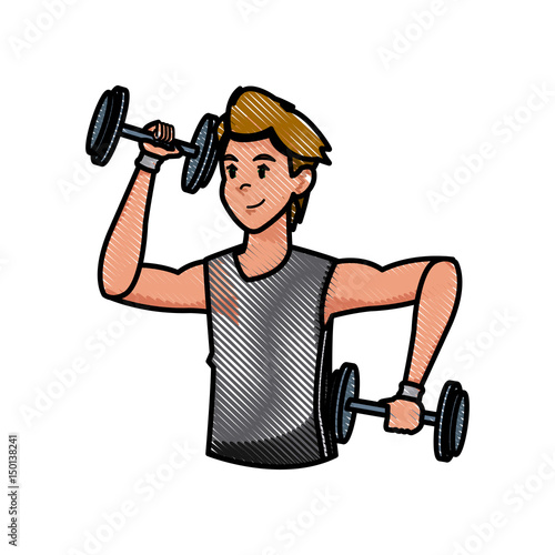 sport man dumbbell strong workout weight draw vector illustration