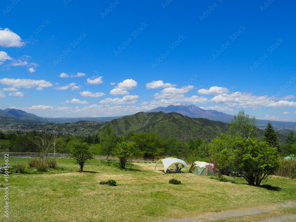 Camping field in the mountain area of Nagano prefecture, Japan オートキャンプ牧場チロル（長野県）の風景