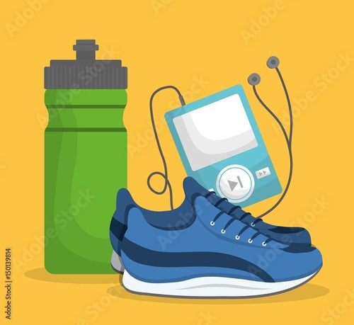 water bottle, music player and spor shoes icon over yellow background. fitness lifestyle concept. colorful design. vector illustration