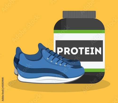 protein bottle and sport shoes icon over yellow background. fitness lifestyle concept. colorful design. vector illustration