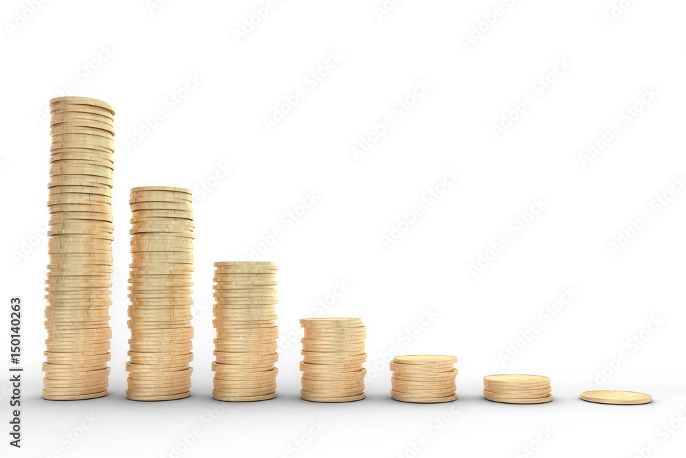 3d illustration: high quality rendering: Metal copper-gold coins graph chart stock market white background isolated. decrease profit 3d illustration: high quality rendering: Metal copper-gold coins graph chart stock market white background isolated. decrease profit