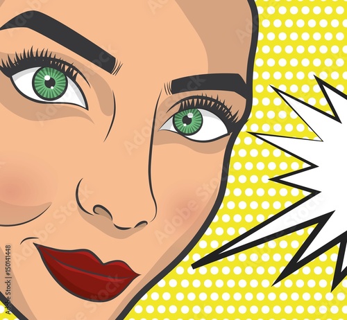pop art woman with speech bubble icon over yellow background. colorful design. vector illustration