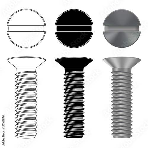 Metal bolt with nut. Outline and silhouette drawing