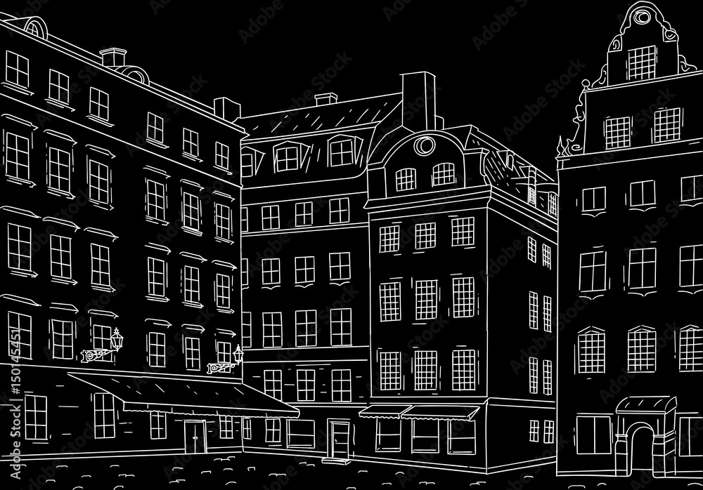 Stockholm Stortorget square. Black outline hand drawn sketch