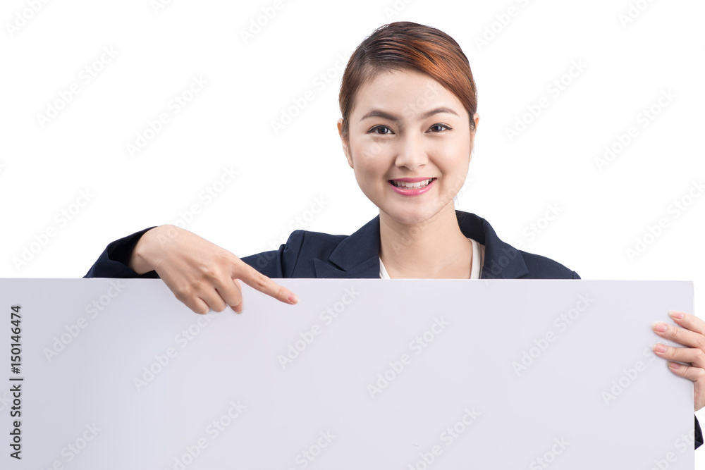 Young attractive asian woman showing a white board Young attractive asian woman showing a white board