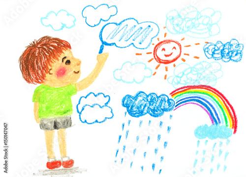 boy drawing cloud sun and rainbow   oil pastel illustration