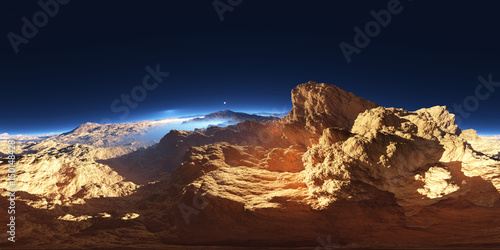 Fototapeta Naklejka Na Ścianę i Meble -  Panorama of fantasy landscape sunset, environment HDRI map. Equirectangular projection, spherical panorama. 3d rendering