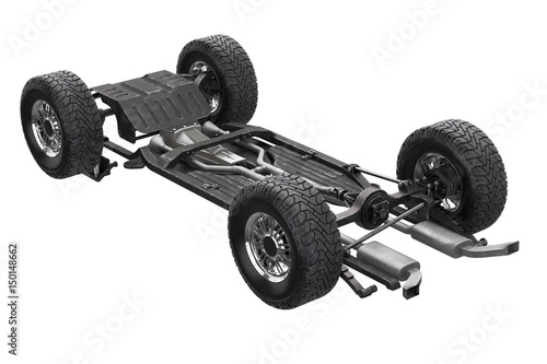 Chassis frame with black rubber wheel. 3D rendering