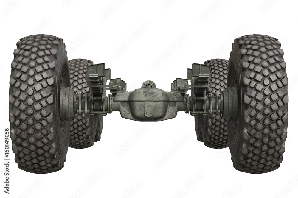 Truck military chassis with wheels, front view. 3D rendering Truck military chassis with wheels, front view. 3D rendering