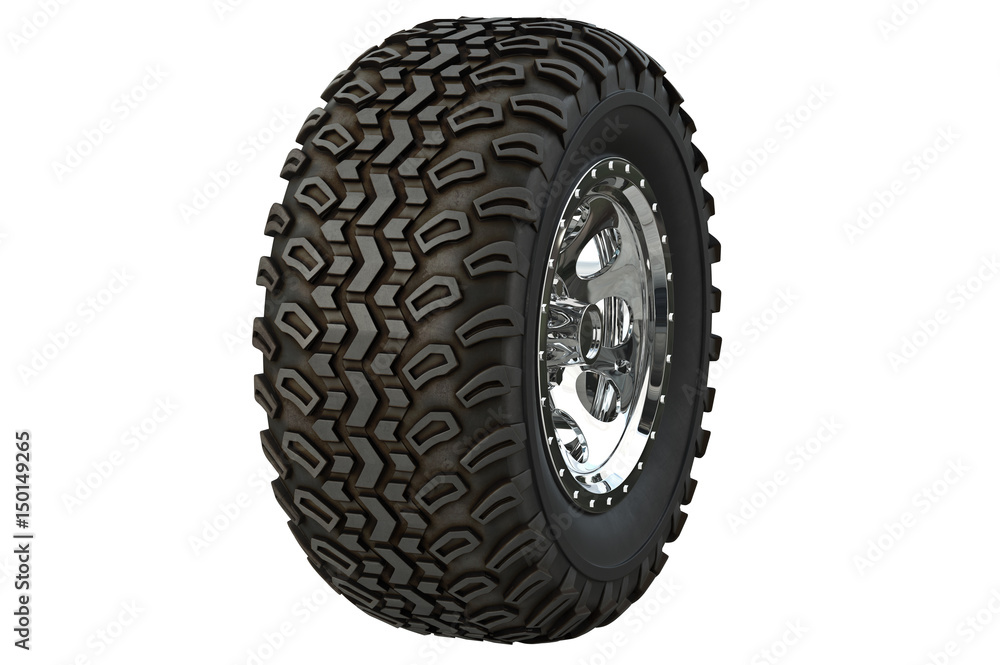 Wheel car black rubber chrome disk rim. 3D rendering Wheel car black rubber chrome disk rim. 3D rendering