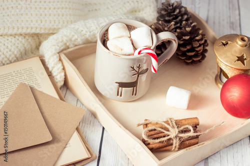 Christmas mood. Cozy Christmas breakfast. Plaid  a tray  a mug of hot cocoa  marshmallows. The book and Christmas card.