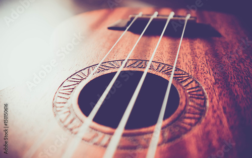 Ukulele guitar macro view, strings close up. Photo depicts musical instrument Ukulele small guitar closeup.