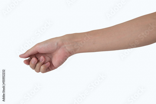 Man hand holding something like a business card isolated on white background