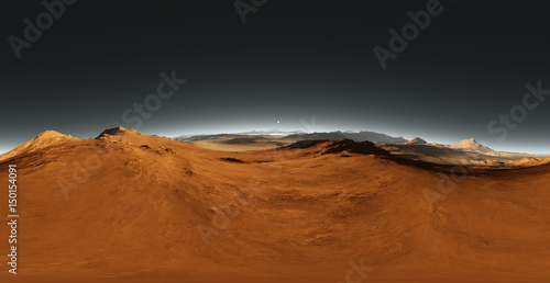 Fototapeta Naklejka Na Ścianę i Meble -  Panorama of Mars sunset, environment HDRI map. Equirectangular projection, spherical panorama. Martian landscape, 3d rendering
