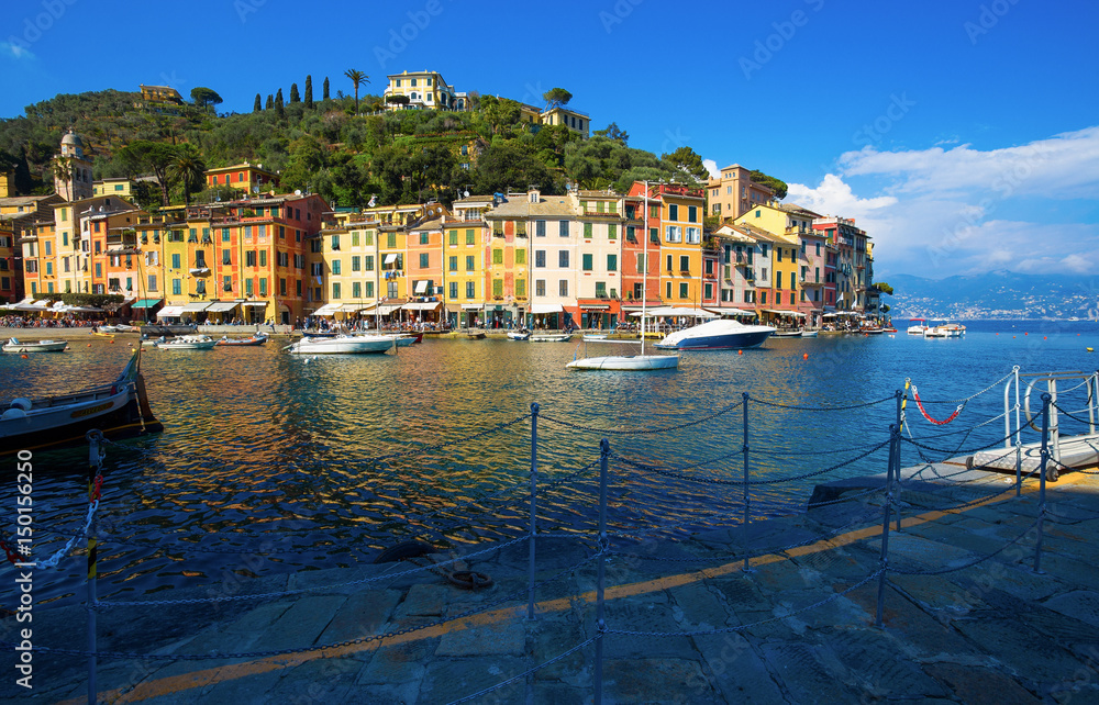 PORTOFINO, ITALY, APRIL 8, 2017 - View of Portofino, an Italian fishing village, Genoa province, Italy. A tourist place with a picturesque harbour and colorful houses