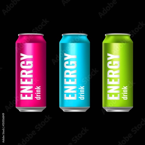 A set of energy drinks in tin cans. Summer cooling drinks. Vector 3d illustration