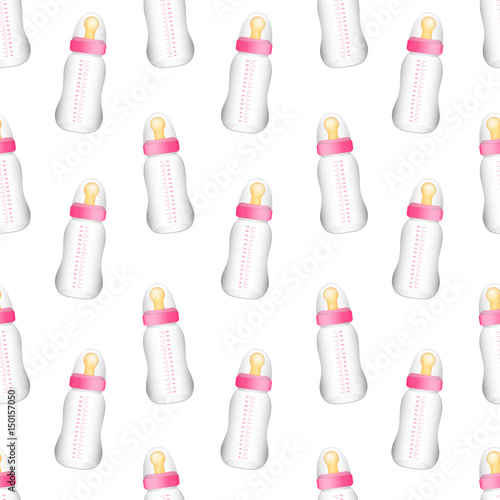 Seamless pattern from realistic pink baby bottles. Vector illustration
