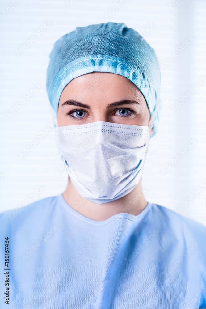Female Surgeon wearing protective uniforms, cap and mask