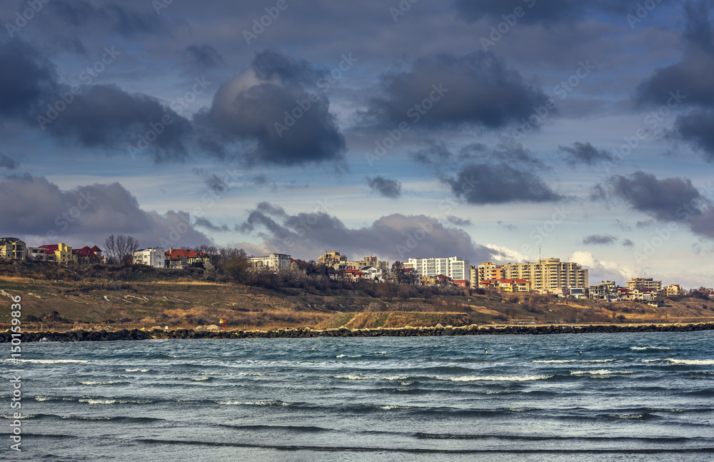 Seascape with residential district of Constanta city on the coast of the Black Sea, Romania.