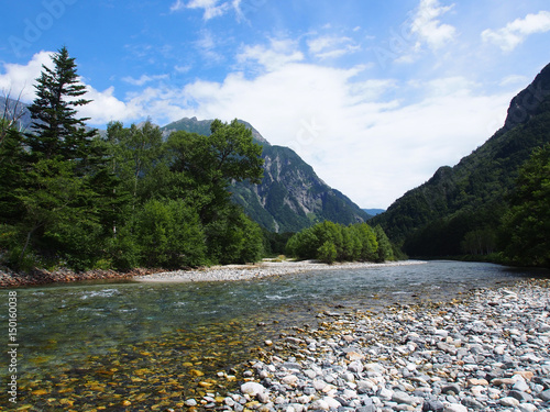 The scenic area of forest, river and mountain in Kamikochi, Nagano Prefecture, Japan.