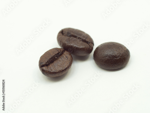 A group of thin coffee beans are on a white background.