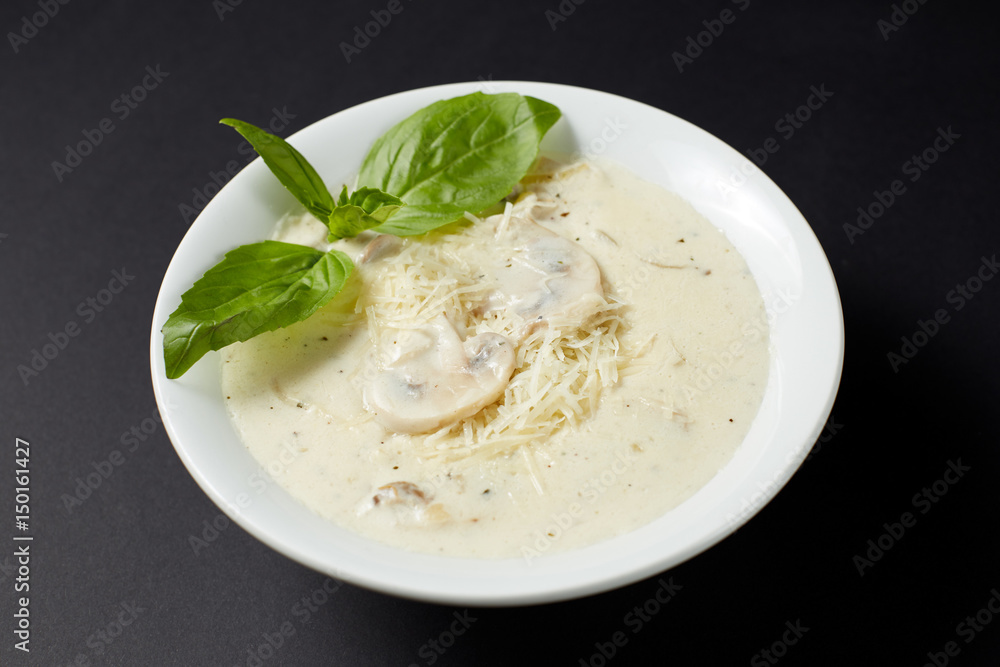 Cream Soup With Chicken And Mushrooms. Italian style. Italian food. Italian cuisine. Cream Soup With Chicken And Mushrooms. Italian style. Italian food. Italian cuisine.