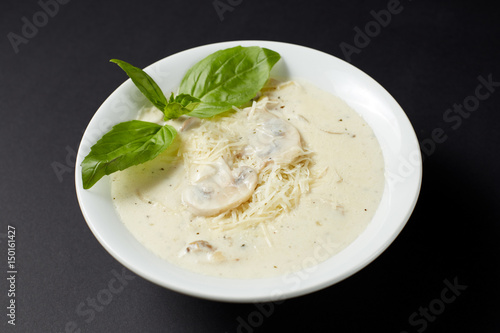 Cream Soup With Chicken And Mushrooms. Italian style. Italian food. Italian cuisine.