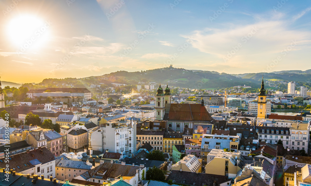 Aerial view of the Austrian city Linz including the old Cathedral ...