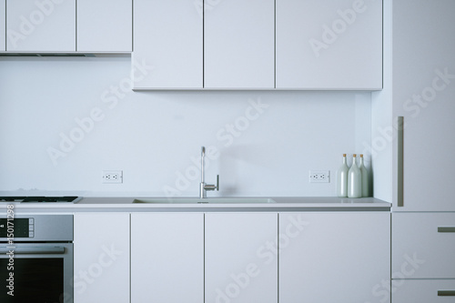 3d render white modern kitchen closeup