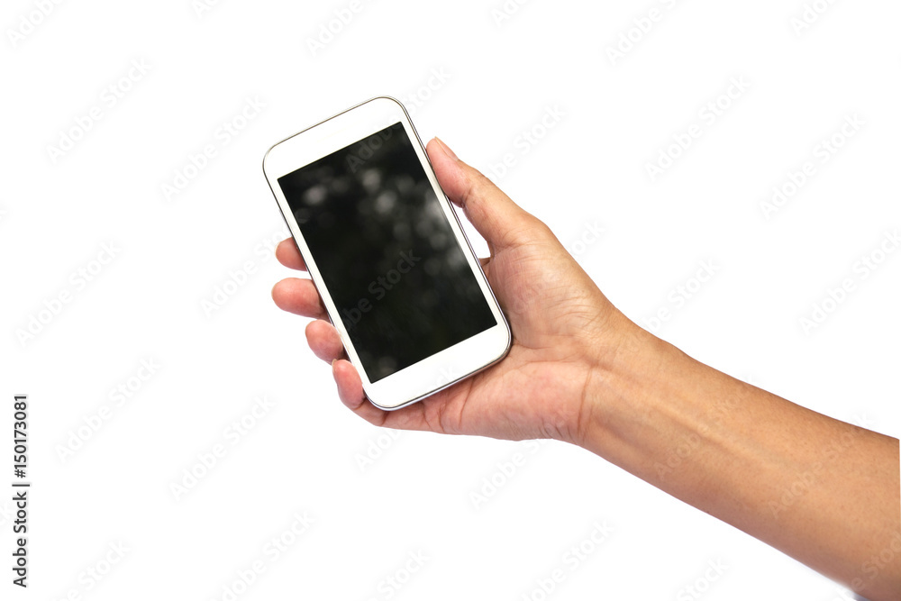 Woman hand holding smart phone isolated on white background Woman hand holding smart phone isolated on white background