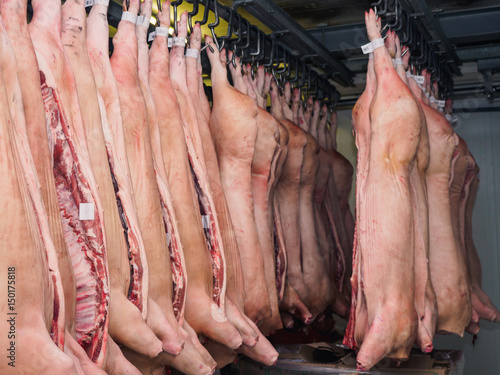 Tableau sur toile Carcass of a pig raw in refrigerator