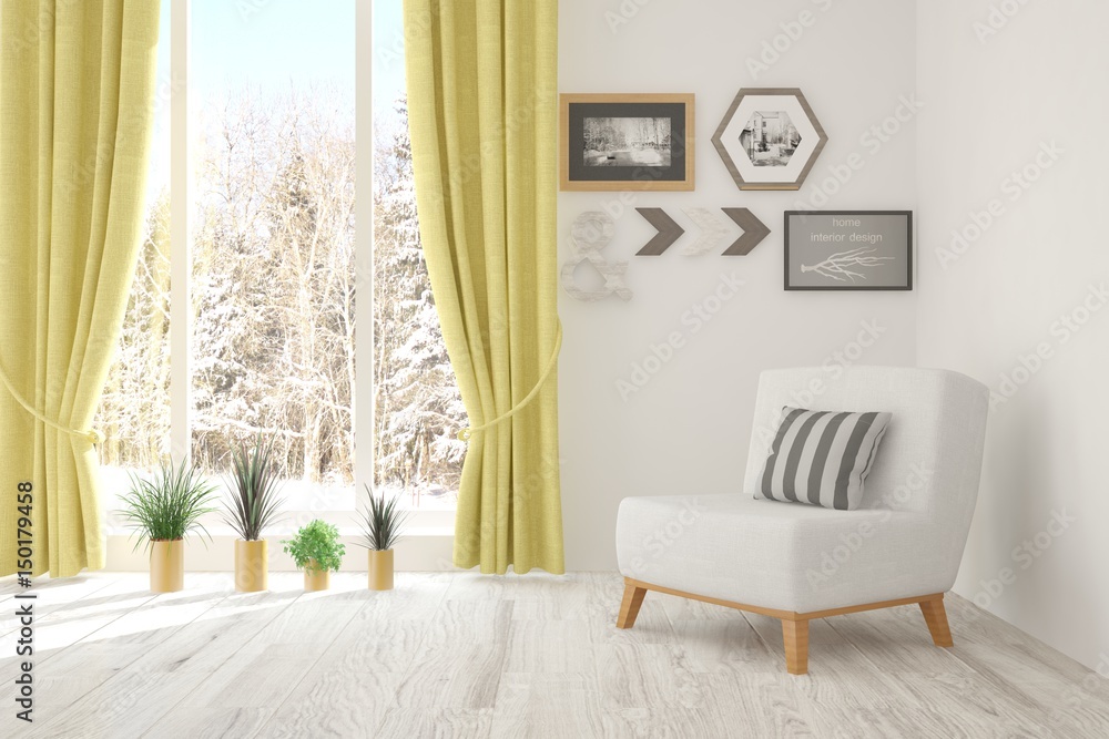 White room with armchair and winter landscape in window. Scandinavian interior design. 3D illustration White room with armchair and winter landscape in window. Scandinavian interior design. 3D illustration