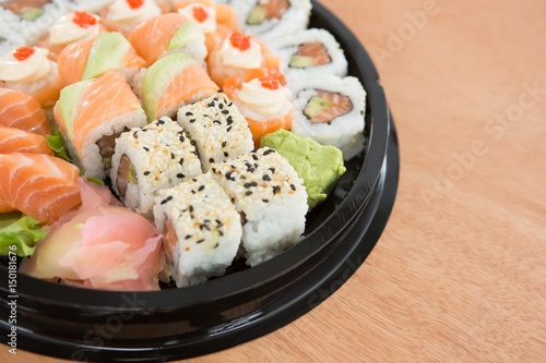 Various sushi rolls in platter