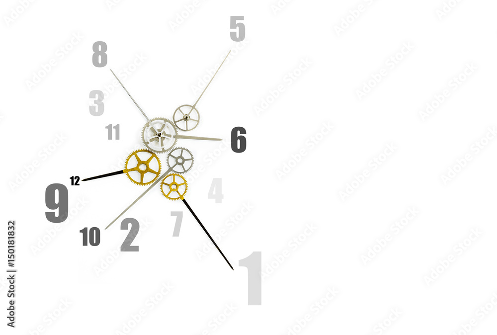clock with many hands and numbers on white background, time management concept and confusing time concept clock with many hands and numbers on white background, time management concept and confusing time concept