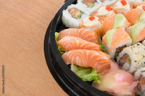 Various sushi rolls in platter