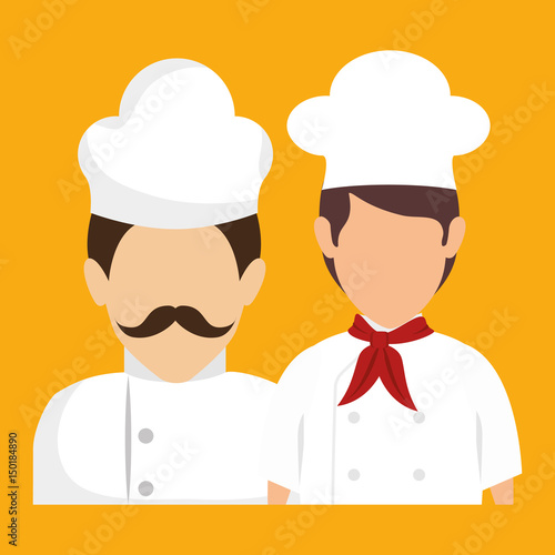 Chef and sous chef avatars over yellow background. Vector illustration.