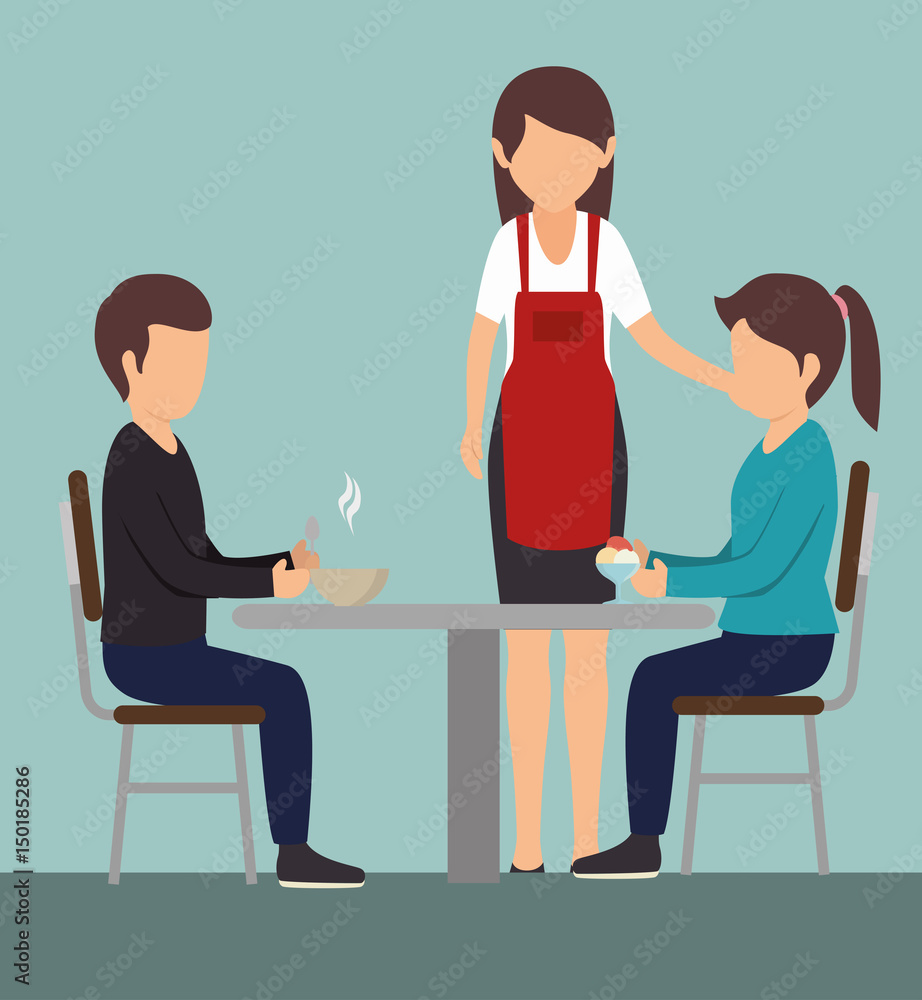Couple eating at a table next to waitress over blue background. Vector illustration. Couple eating at a table next to waitress over blue background. Vector illustration.