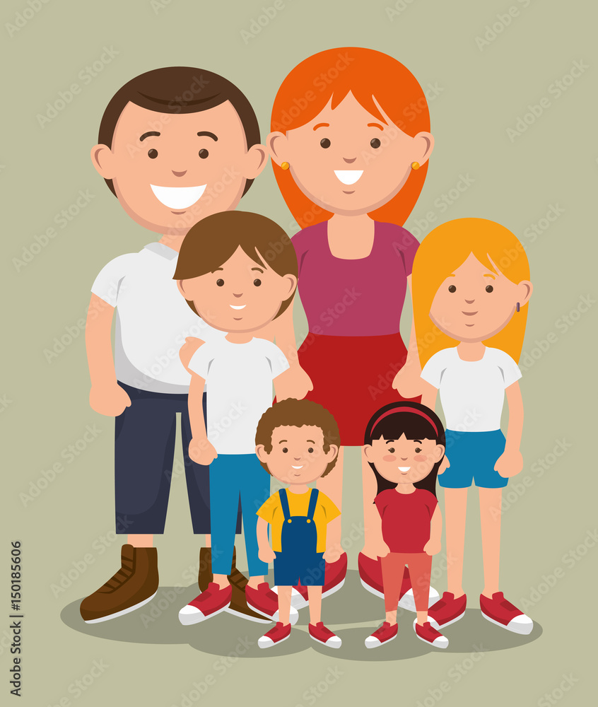 Big family standing together over beige background. Vector illustration.