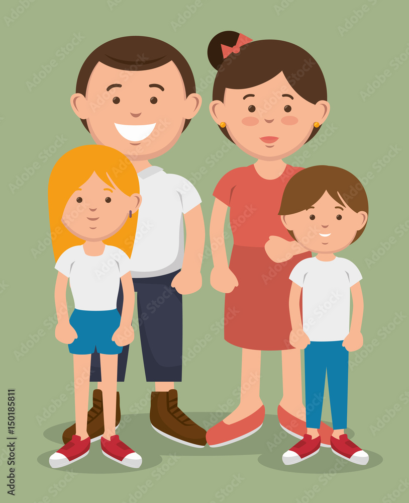 A couple and their kids posing together over green background. Vector illustration. A couple and their kids posing together over green background. Vector illustration.