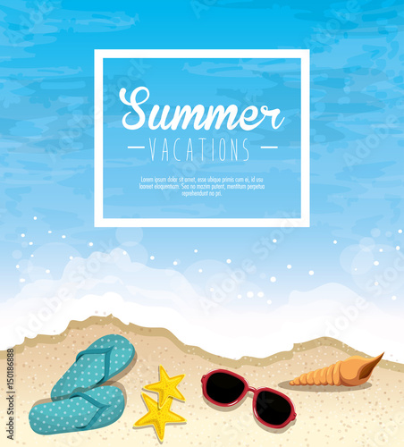 Summer vacations sign with flip flops, starfish, sunglasses and seashell over beach background. Vector illustration.