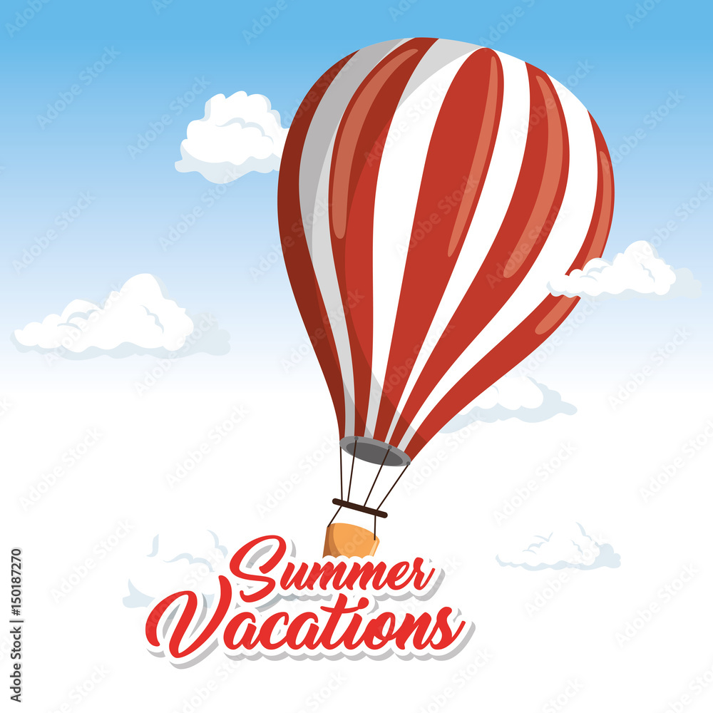Obraz premium Floating air balloon surrounded by clouds and summer vacations sign over white and blue background. Vector illustration.