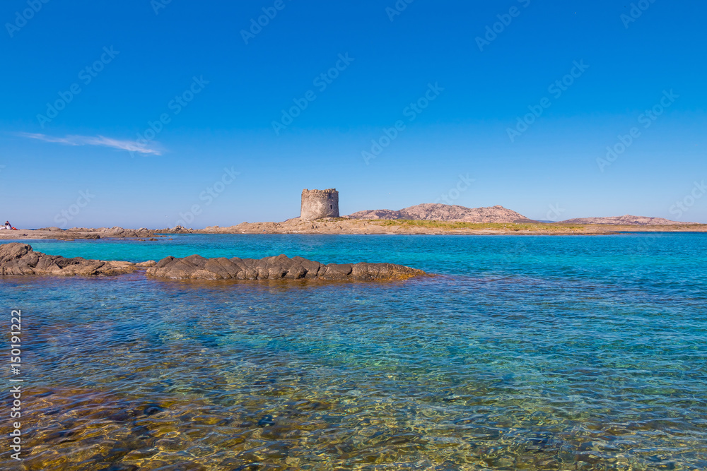 Beautiful turquoise blue mediterranean Pelosa beach near Stintino, Sardinia, Italy.