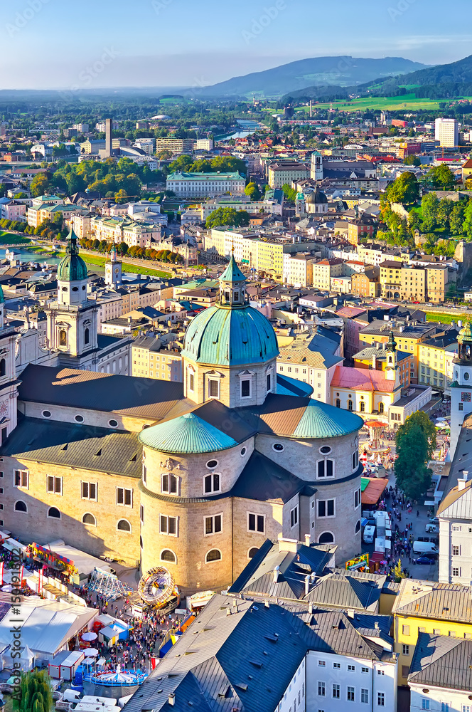 Fototapeta premium Aerial view of the historic city of Salzburg in beautiful evenin
