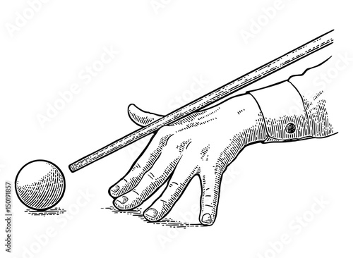 Male hand in a shirt is aimed cue the ball.