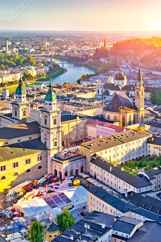 Aerial view of the historic city of Salzburg at sunset  Salzburg