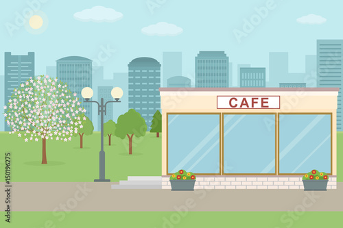 Fototapeta Naklejka Na Ścianę i Meble -  Cafe building on city background. Flat style, vector illustration.