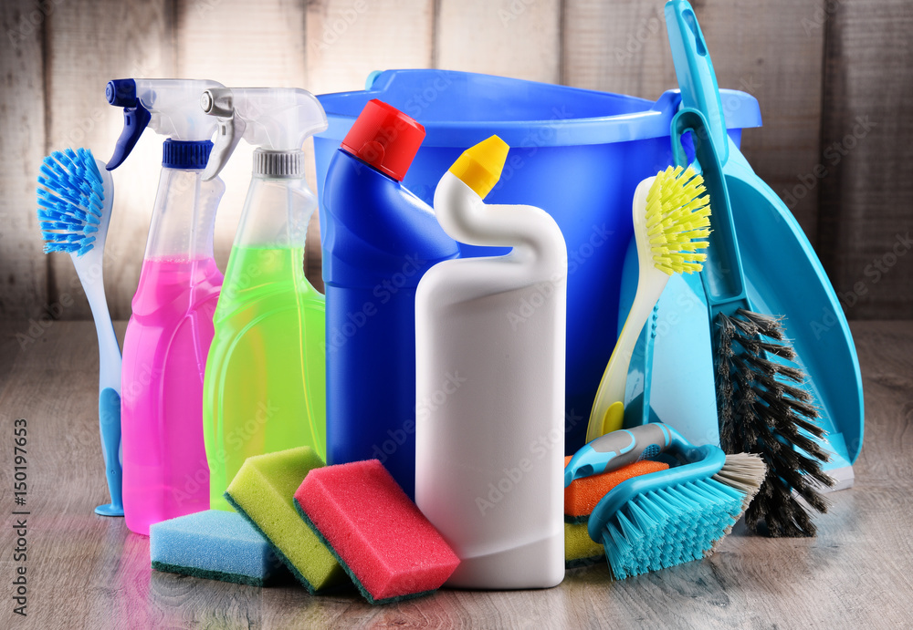 Variety of detergent bottles and chemical cleaning supplies Stock Photo